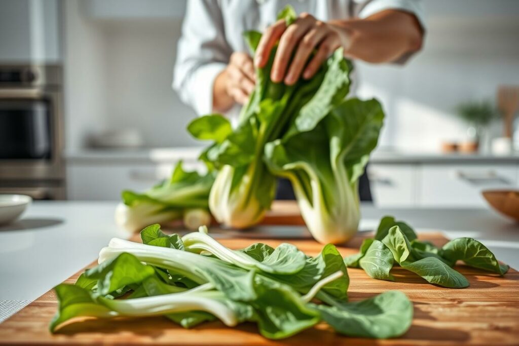 A bright, crisp image showcasing the preparation of Pak Choi. In the foreground, a wooden cutting board with freshly washed Pak Choi leaves, their vibrant green hues and delicate, wavy textures contrasting against the warm-toned wood. In the middle ground, a chef's hands carefully trimming the stems and separating the leaves, revealing the tender, succulent interior. The background features a minimalist kitchen setting, with a clean, white countertop and natural light streaming in through a window, casting a soft, even illumination across the scene. The overall atmosphere is one of culinary care and attention to detail, inviting the viewer to envision the flavorful, nutritious dish that will result from this meticulous preparation.
