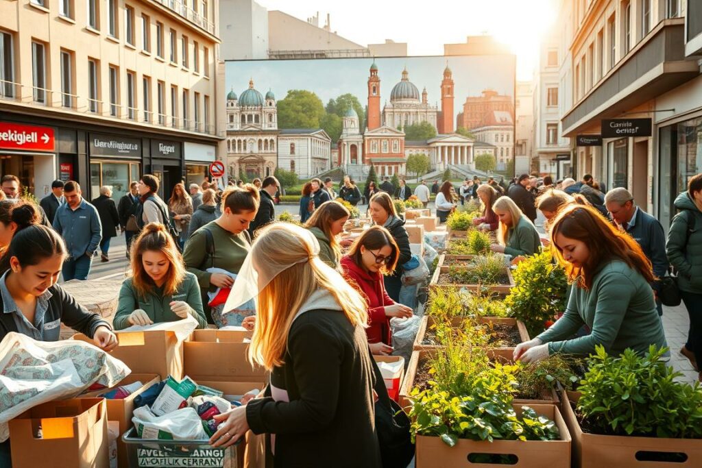 A bustling city street in Berlin, Germany, with volunteers of diverse backgrounds engaged in various acts of community service. In the foreground, a group of people sorting and packing donations for local charities, their faces alight with purpose. In the middle ground, a team of gardeners tending to a public green space, cultivating a sense of civic pride. In the background, a mural depicting iconic Berlin landmarks, serving as a vibrant backdrop to the scene of selfless dedication. Warm, golden sunlight filters through, casting a glow over the entire tableau and highlighting the collaborative spirit of "Ehrenamtliche Arbeit" - the vital work of volunteers that strengthens the fabric of the city.