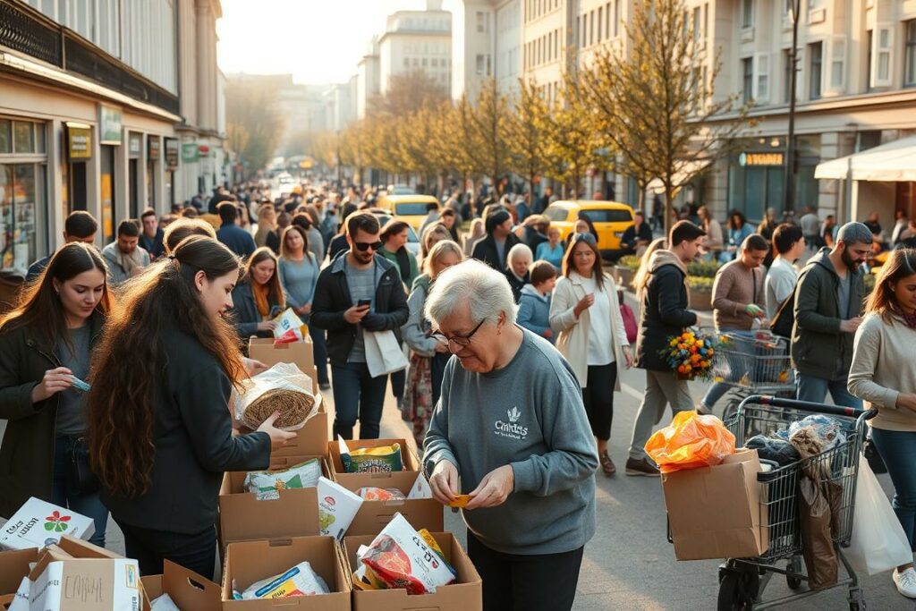 A bustling city street in Berlin, with people of all ages and backgrounds engaged in various volunteer activities. In the foreground, a group of young adults are sorting and packing donated goods for a local charity. In the middle ground, a senior citizen is assisting a disabled person with grocery shopping. In the background, families and individuals are cleaning up a public park, planting trees, and painting a community center. The scene is bathed in warm, golden light, conveying a sense of community, purpose, and civic pride. The overall atmosphere is one of productive, joyful collaboration, showcasing the diverse ways individuals can find meaningful volunteer opportunities in Berlin.