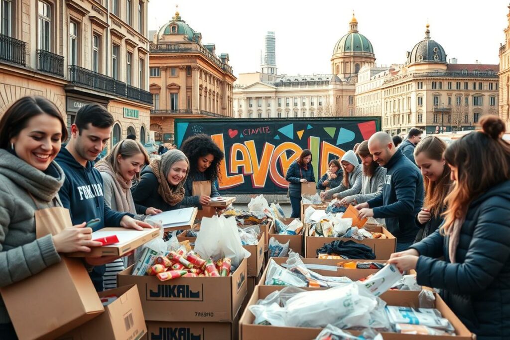 A bustling street scene in Berlin, Germany, capturing the essence of social engagement. In the foreground, a diverse group of volunteers engage in various activities - packaging food donations, sorting clothing, and assembling care packages. Their expressions radiate a sense of purpose and community. The middle ground features a vibrant mural, its colorful designs and uplifting messages reflecting the city's embrace of civic participation. In the background, the architectural landscape of Berlin frames the scene, with historic buildings and modern structures standing as a testament to the city's rich cultural heritage. The lighting is warm and inviting, casting a glow over the entire tableau and conveying a mood of optimism and togetherness.