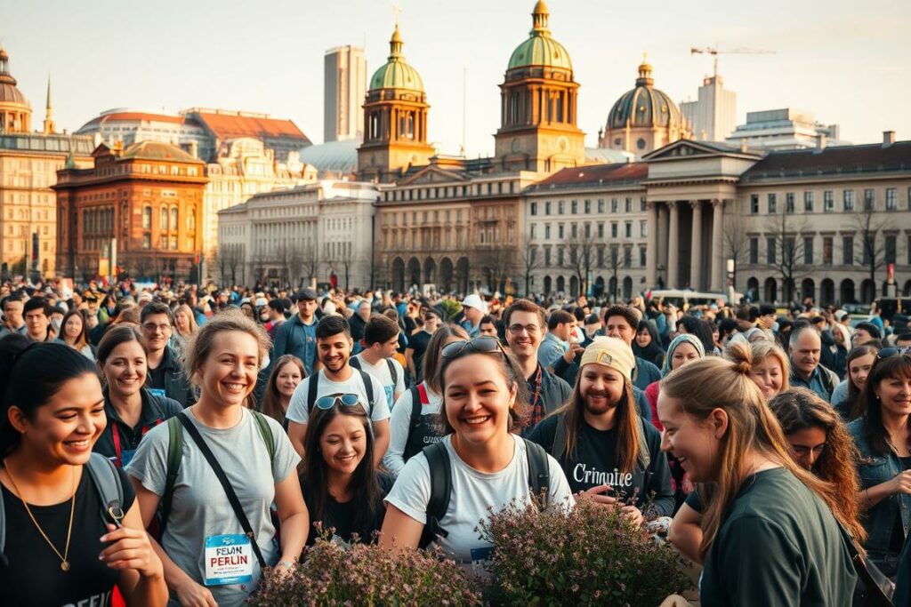 A bustling urban scene in Berlin, Germany. In the foreground, a group of volunteers enthusiastically engage in various community service activities, their faces animated with a sense of purpose. In the middle ground, a diverse array of people from all walks of life come together, working side by side to beautify a public space or assist those in need. The background features the iconic architecture of Berlin, with towering buildings and landmarks casting warm, golden hues under a soft, diffused lighting. The overall atmosphere conveys a spirit of civic pride, social responsibility, and the power of collective action to make a positive impact on the community.