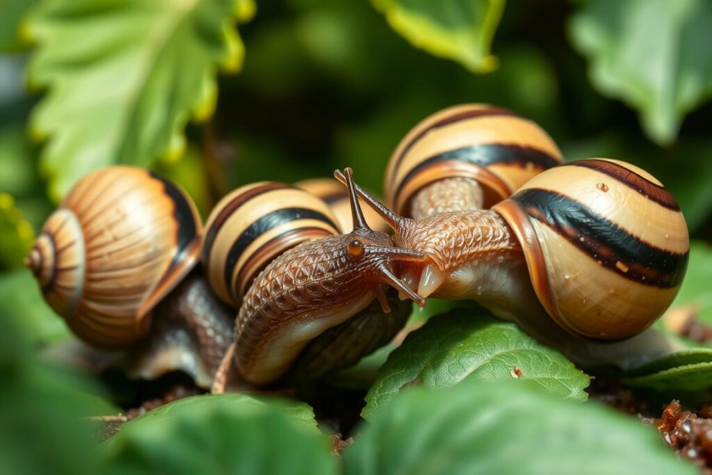 A close-up, high-resolution photograph of a group of tiger snails (Succinea putris) feasting on a plump garden slug (Arion sp.) against a blurred, lush green foliage background. The snails' distinctive striped shells are prominently featured, their muscular bodies extended as they eagerly consume their prey. Soft, diffused natural lighting illuminates the scene, casting gentle shadows and highlights to emphasize the texture and details of the snails and slug. The composition is balanced, drawing the viewer's eye to the center of the frame where the feeding behavior is taking place. The overall mood is one of peaceful, intimate observation of this natural predator-prey interaction.