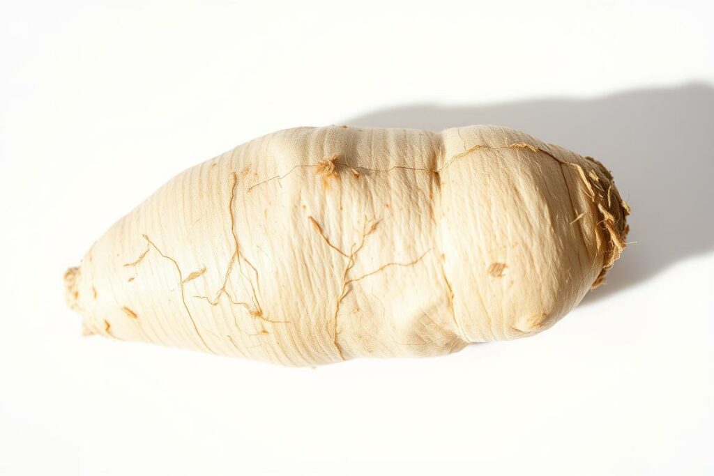 A close-up, hyper-realistic photograph of a freshly harvested horseradish root (Meerrettich), highlighting its distinct white, gnarly appearance and prominent veining. The root is displayed against a plain, neutral background, allowing the textures and details to be the focal point. Soft, natural lighting from the side casts gentle shadows, emphasizing the root's dimensional qualities. The image conveys the earthy, robust nature of the horseradish, alluding to its origins as a cultivated plant. This visual effectively introduces the viewer to the key subject of the article section, "What is horseradish and where does it come from?".