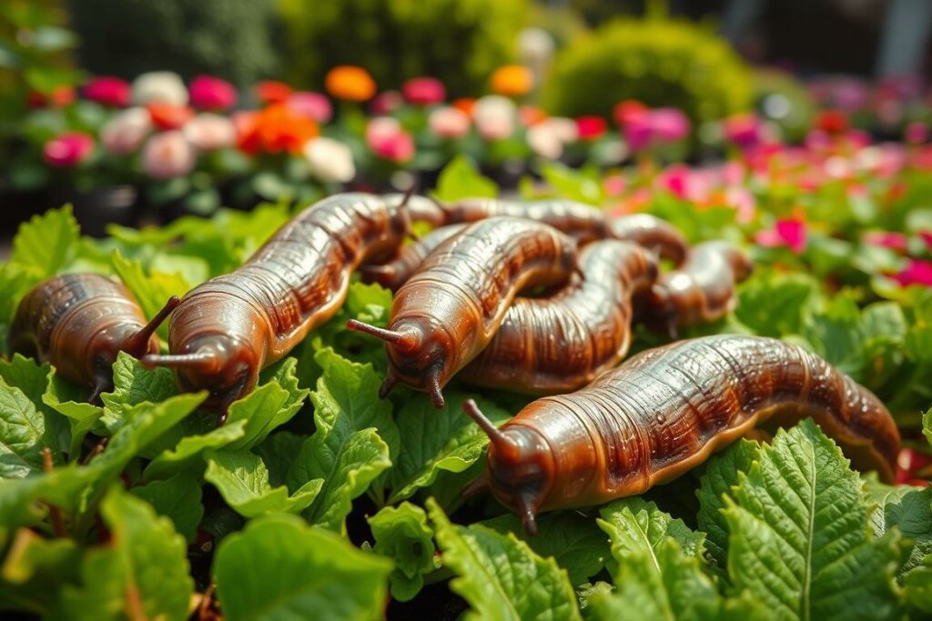 A close-up, hyper-realistic shot of several large, slimy Nacktschnecken (garden slugs) crawling over lush, verdant foliage in a vibrant, verdant garden. The slugs' bodies glisten under soft, natural lighting, revealing intricate textures and details. The scene conveys a sense of the Nacktschnecken as a garden nuisance, with the slugs occupying the foreground and middle ground, while the background features a blurred, out-of-focus backdrop of flowerbeds and shrubbery. The overall mood is one of annoyance and frustration at the pests' presence, though the image maintains a level of scientific curiosity and observation.