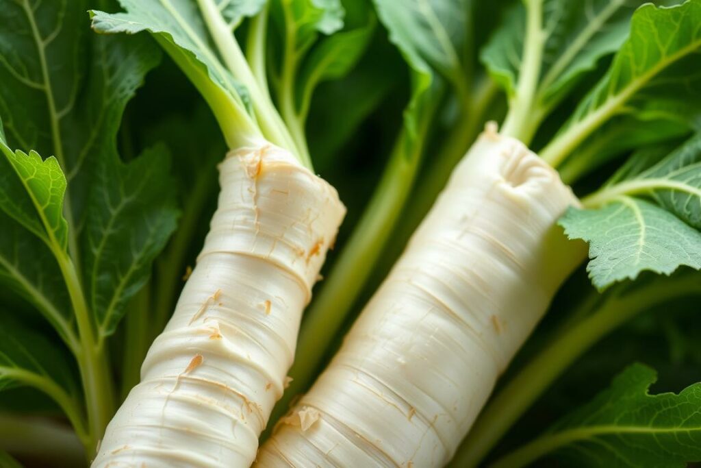 A close-up of a fresh horseradish root, its thick white flesh and intricate texture visible. Surrounding the root are vibrant green horseradish leaves, their veins and edges sharply defined. The lighting is soft and natural, gently illuminating the scene. The overall composition is balanced, with the root occupying the foreground and the leaves providing a lush, complementary backdrop. The scene conveys the inherent healthfulness and potency of the horseradish plant, hinting at its potential medicinal benefits against the common cold.