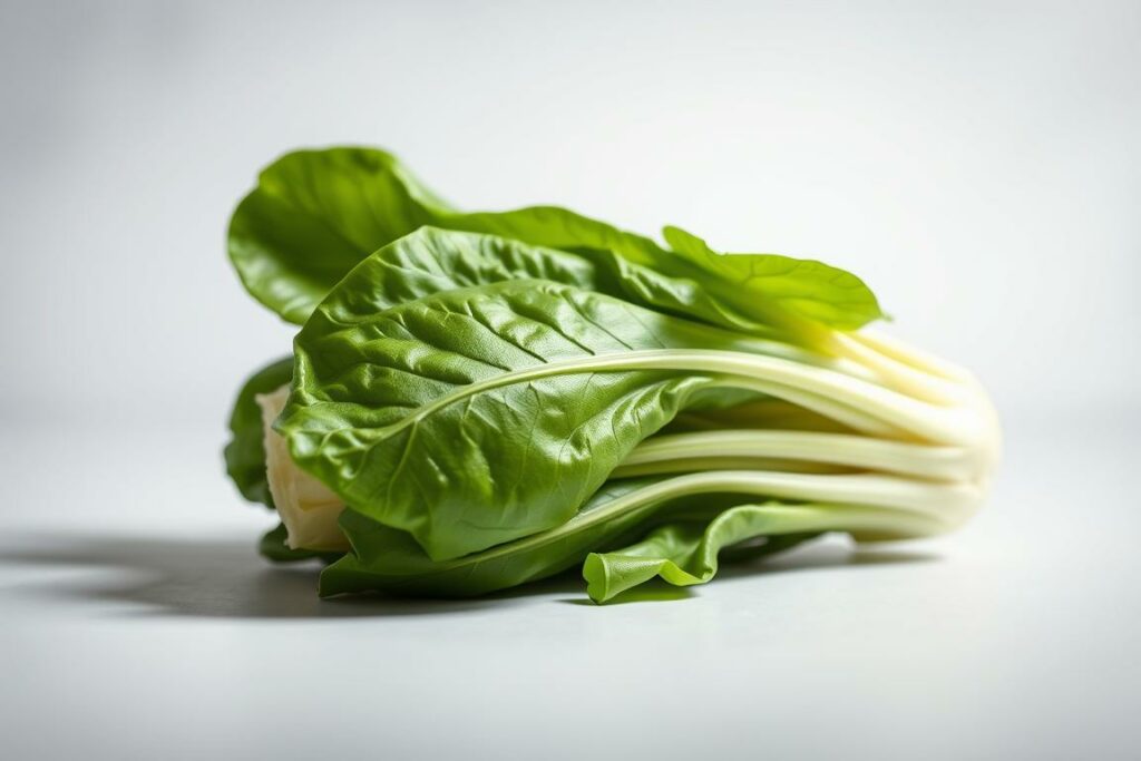 A close-up shot of a fresh Pak Choi head, its vibrant green leaves glistening under soft, diffused lighting. The Pak Choi is resting on a clean, neutral surface, creating a simple, uncluttered composition. The focus is on the vegetable itself, showcasing its delicate structure and texture. The lighting is gentle, creating subtle shadows that accentuate the Pak Choi's natural form. The background is slightly blurred, keeping the attention on the main subject. The overall mood is calm and serene, inviting the viewer to appreciate the beauty and simplicity of this versatile ingredient.
