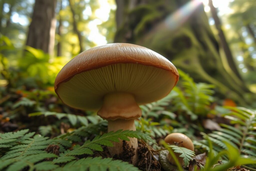 A close-up shot of a freshly harvested Steinpilz (Boletus edulis) mushroom, its rich, earthy brown cap glistening under the warm, dappled sunlight filtering through the canopy of a lush, verdant forest. The meaty, spongy texture of the mushroom's smooth surface is visible, hinting at its delectable culinary qualities. The mushroom is framed against a backdrop of verdant ferns and moss-covered tree trunks, capturing the essence of the autumnal forest setting during the peak of the Steinpilz foraging season. The shallow depth of field creates a sense of focus on the prized mushroom, emphasizing its centrality in the "Erntezeit und Sammeltechnik" section of the article.