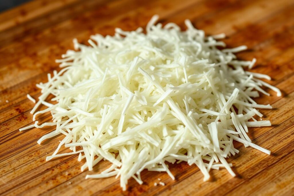 A close-up shot of freshly grated horseradish (Meerrettich) on a wooden cutting board. The fine, snow-white strands of grated root lie in a neat, circular arrangement, their pungent aroma filling the air. The lighting is soft and diffused, casting gentle shadows that accentuate the texture and fine details of the grated horseradish. The background is blurred, keeping the focus squarely on the foreground subject. The overall mood is one of culinary simplicity and the natural, earthy qualities of this versatile root vegetable.
