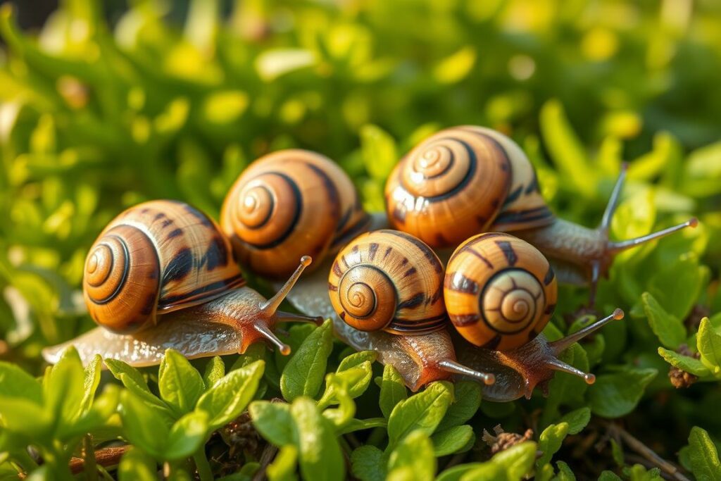 A close-up shot of several Haltung Tigerschnecken, also known as banded land snails, resting on a lush, verdant garden bed. The snails' distinctive spiral shells display a vibrant pattern of alternating brown and yellow bands, glistening under the warm, diffused natural lighting. The snails' bodies are extended, revealing their intricate anatomy and textures. The composition emphasizes the snails' delicate and captivating features, set against a softly blurred background of flourishing greenery to create a serene, almost meditative atmosphere. The image aims to showcase the beauty and intricacies of these fascinating garden inhabitants.