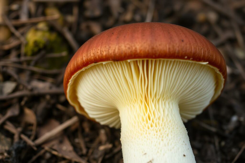 A close-up view of a Steinpilz (Boletus edulis) mushroom against a natural, earthy backdrop. The cap is hemispherical, smooth, and reddish-brown in color, with a thick, creamy-white stem. The pore surface beneath the cap is lemon yellow, turning greenish-blue when bruised. The mushroom is photographed from an angle that highlights its distinctive features, such as the reticulated pattern on the stem and the thick, spongy texture of the cap. Soft, diffused lighting from the side creates depth and emphasizes the mushroom's form. The overall composition conveys the mushroom's natural beauty and the care required to properly identify it in the wild.