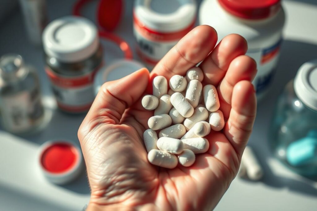 A close-up view of a human hand grasping a handful of powdery, off-white magnesium supplement pills against a blurred background of medical-themed objects. The pills are positioned in the foreground, capturing the viewer's attention and highlighting the central subject. Soft, natural lighting from the side casts gentle shadows, creating depth and texture. The image conveys a sense of concern and the potential health risks associated with excessive magnesium consumption, aligning with the article's theme of "Magnesium jeden Tag? So gefährlich kann übermäßiger Konsum sein." and the section title "Symptome eines Magnesiummangels".
