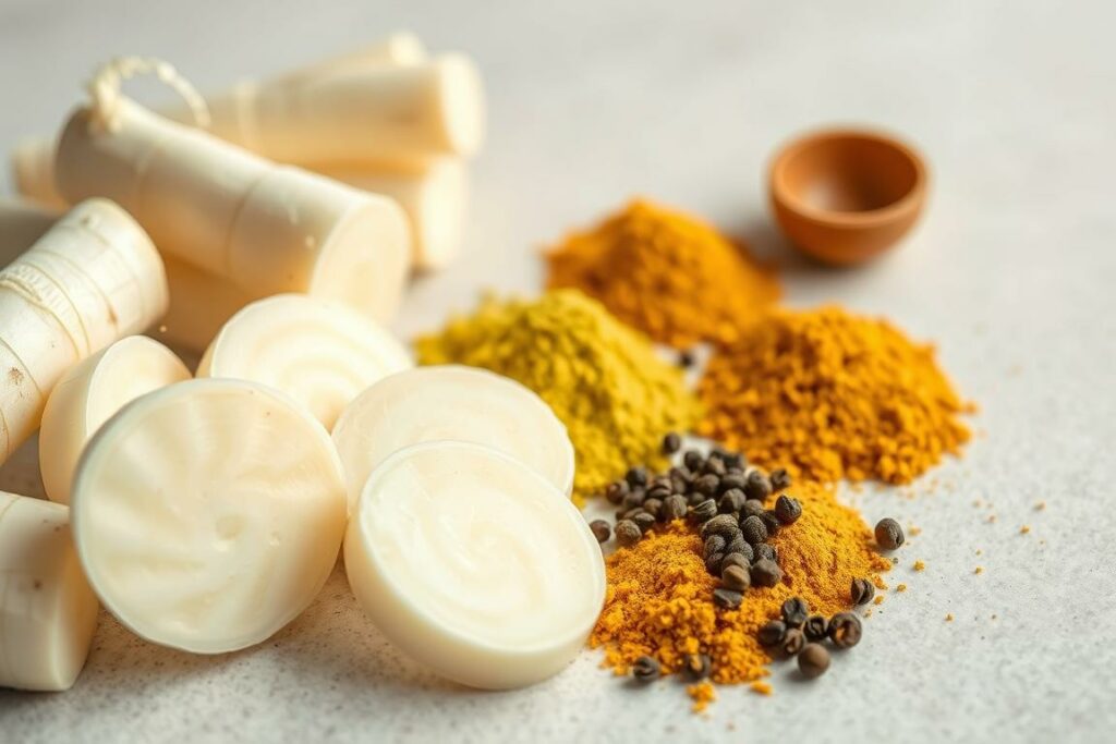 A close-up view of various nutritious ingredients commonly found in horseradish, presented in a clean and minimalist style. The foreground features a selection of sliced horseradish roots, revealing their crisp white flesh and distinct ridges. In the middle ground, there are small piles of powdered seasonings such as mustard, turmeric, and black pepper, each with its own unique color and texture. The background is a simple, neutral-toned surface, allowing the natural colors and forms of the ingredients to take center stage. The lighting is soft and even, highlighting the details and depth of the composition. The overall mood is one of culinary sophistication and health-conscious appeal.