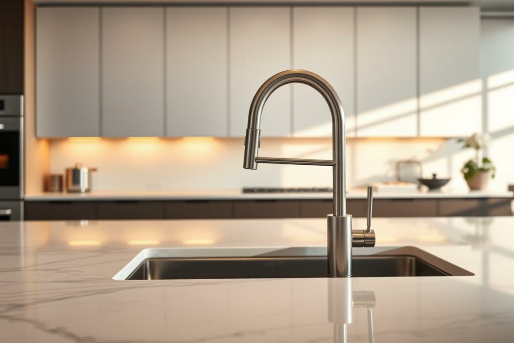 A contemporary kitchen interior with a prominent Quooker faucet on a sleek, marble countertop. The faucet is the focal point, highlighted by warm, directional lighting casting soft shadows. The background features minimalist cabinets and appliances, creating a balanced, high-end aesthetic. The image conveys a sense of modern functionality and thoughtful design, reflecting the considerations one should make when purchasing a Quooker for their kitchen.