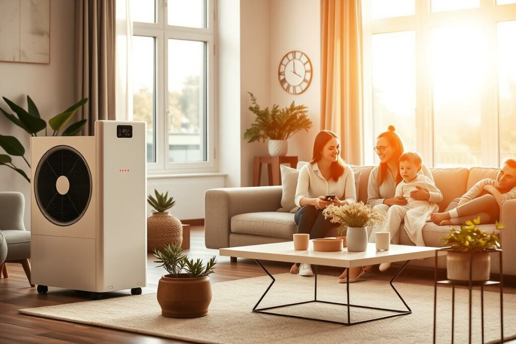A cozy and inviting living room scene with a modern, energy-efficient heat pump taking center stage. The device is positioned prominently, its sleek design and LED indicators hinting at its advanced capabilities. Warm, natural lighting filters through large windows, casting a golden glow across the room. In the foreground, a family gathers around a minimalist coffee table, engaged in a discussion, their expressions conveying a sense of comfort and contentment. Potted plants and artful decor elements add to the overall atmosphere of efficiency and sustainability. The room's neutral color palette and clean, uncluttered lines create a calming, harmonious ambiance, reflecting the cost-saving benefits of the heat pump technology.