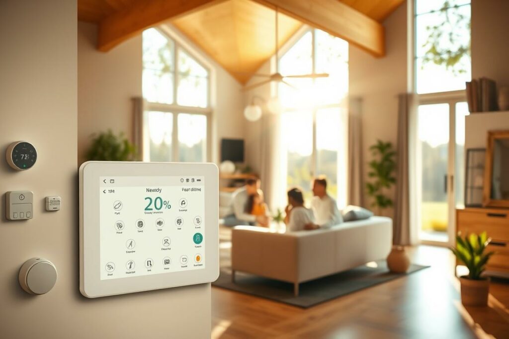 A cozy and modern smart home interior, flooded with warm, natural light streaming through large windows. In the foreground, a sleek digital control panel displays real-time energy consumption data, with intuitive icons and a clean user interface. Surrounding the panel, various smart home devices are seamlessly integrated, such as a thermostat, lighting fixtures, and appliances. In the middle ground, a family gathers around a central living area, engaged in relaxed activities, benefiting from the energy-efficient and automated home system. The background showcases a minimalist, but stylish décor, with earthy tones and natural materials, creating a harmonious and inviting atmosphere. The overall scene conveys a sense of comfort, convenience, and environmental consciousness, reflecting the advantages of a smart home and energy-saving lifestyle.