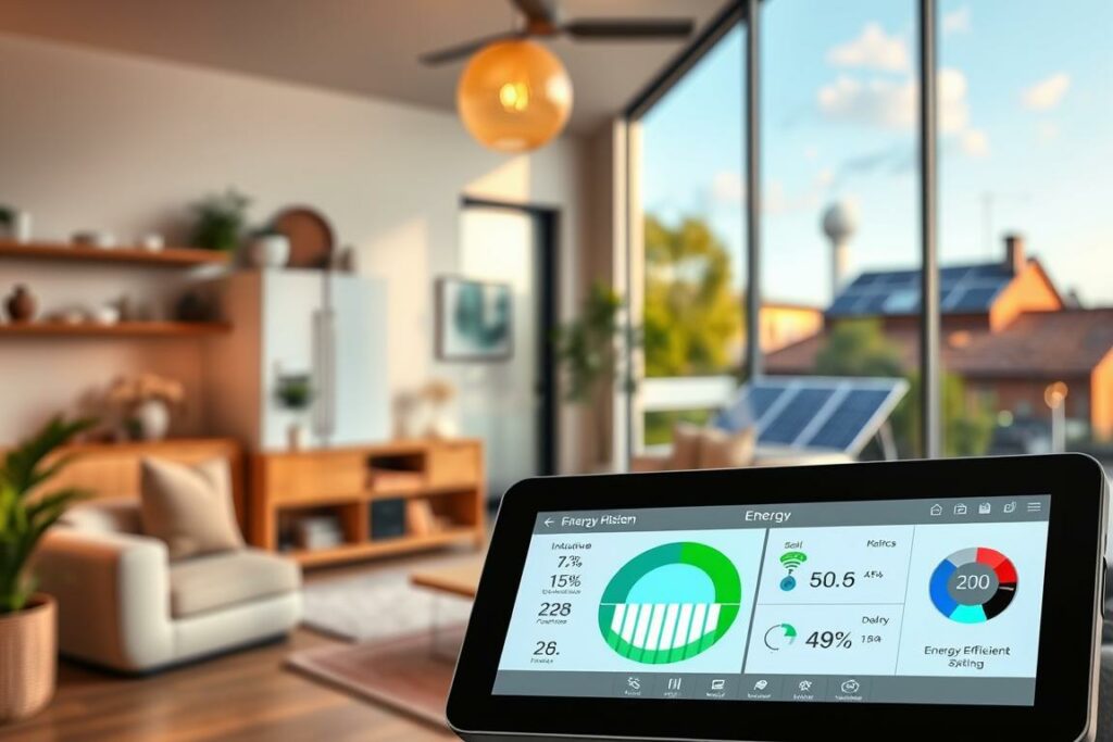 A cozy, modern smart home interior with advanced energy-efficient technologies. In the foreground, a digital control panel displays intuitive energy usage analytics and smart device settings. In the middle ground, energy-efficient LED lighting and smart appliances seamlessly integrate with the decor. The background showcases a panoramic view of the home's exterior, featuring solar panels, smart thermostats, and other green energy solutions. The scene radiates a sense of comfort, convenience, and environmental consciousness, embodying the advantages of a sustainable, technology-driven smart home lifestyle.