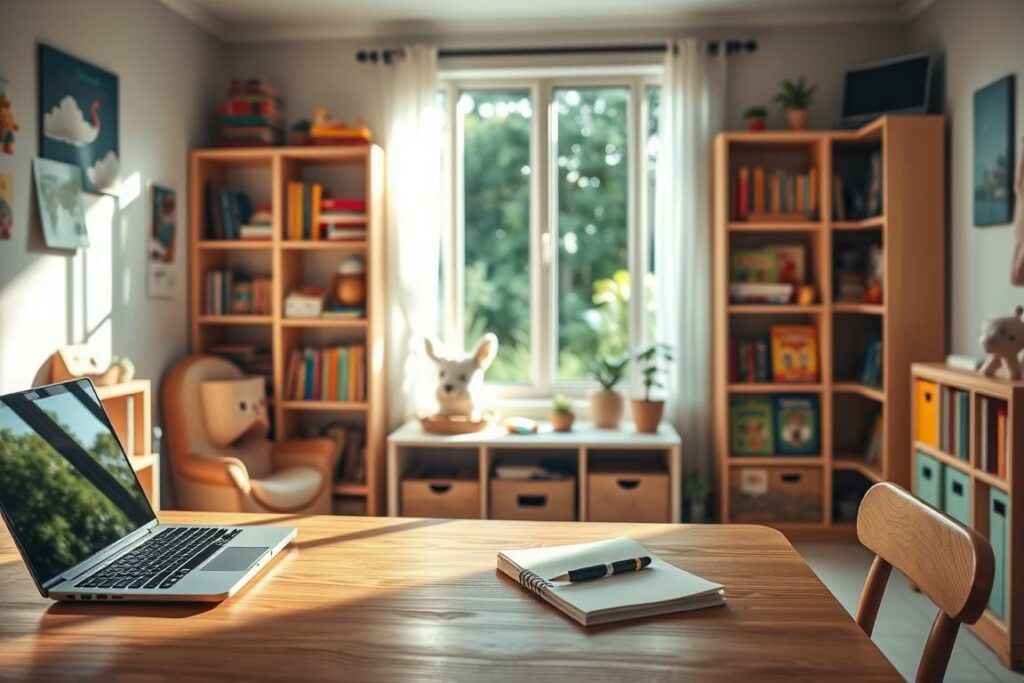 A cozy, well-organized home office with a warm, inviting atmosphere. In the foreground, a wooden desk with a laptop, pen, and notebook, bathed in soft, natural lighting. In the middle ground, bookshelves filled with colorful children's books, toys, and educational materials, suggesting a family-oriented space. The background features a large window, allowing for a serene view of a lush, green garden, creating a sense of tranquility and connection to nature. The overall scene conveys a harmonious environment where children's needs and development are thoughtfully considered.