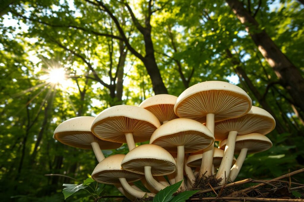 A dense forest canopy, sun-dappled rays filtering through the leaves, casting a warm, earthy glow. In the foreground, a cluster of mushrooms emerges, their caps rounded and pale, resembling the prized Steinpilz, or porcini. Yet, upon closer inspection, subtle differences become apparent - the gills are too crowded, the stems too slender, the overall appearance slightly off. These are the doppelgängers, the dangerous imposters that can easily fool the untrained eye. Captured in crisp detail, the image showcases the nuanced distinctions that separate the edible treasure from its toxic twin, a cautionary tale for any mushroom forager venturing into the verdant depths.