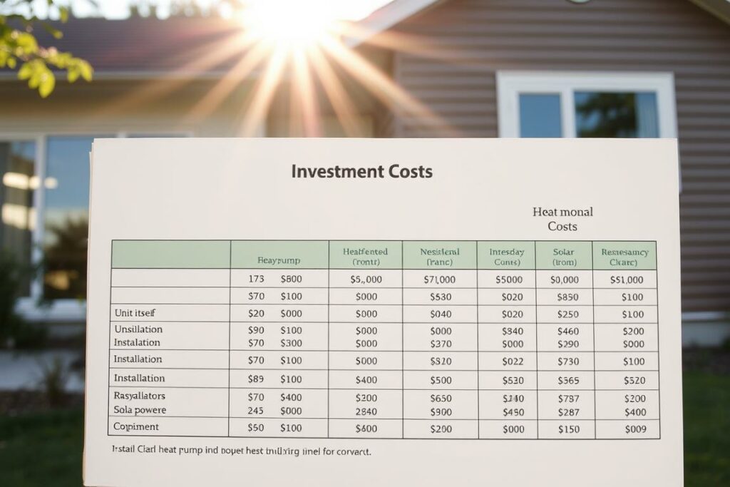 A detailed chart displaying the investment costs associated with a residential heat pump system, presented against a backdrop of a modern, energy-efficient home. The chart should feature clear, legible data visualization elements that highlight the various cost components, such as the unit itself, installation, and any supplementary equipment. The scene should convey a sense of financial planning and careful consideration of the economic aspects of integrating a heat pump into a solar-powered home. Subtle lighting from the sun's rays through windows casts a warm, informative glow over the entire composition, emphasizing the practical nature of the subject matter.
