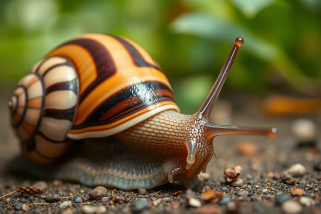 A detailed close-up of a majestic Tiger snail, its striped shell glistening in soft, diffused lighting. The snail is positioned prominently in the foreground, its tentacles extended and antennae alert, conveying a sense of curious exploration. The background is softly blurred, suggesting a natural, outdoor environment, perhaps a lush garden or forest floor. The overall composition emphasizes the intricate textures and patterns of the snail's shell, inviting the viewer to appreciate the beauty and uniqueness of this fascinating creature.