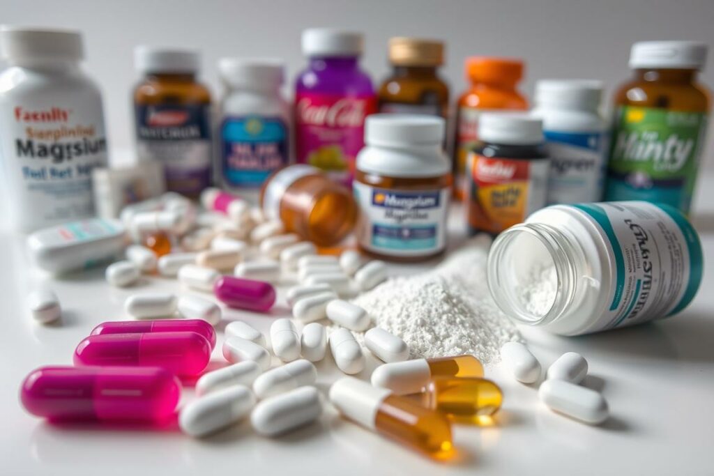 A detailed close-up shot of various magnesium supplements and tablets arranged on a clean, bright surface. The foreground features a selection of different magnesium products, including capsules, tablets, and powders, in different shapes, sizes, and colors. The middle ground showcases the texture and details of the individual items, highlighting their packaging and branding. The background is slightly blurred, creating a sense of depth and focus on the main subject. The lighting is soft and even, creating a clean, clinical atmosphere that emphasizes the scientific and medicinal nature of the products. The overall composition conveys a sense of professionalism and informative presentation, suitable for an article on the benefits and risks of magnesium supplements.
