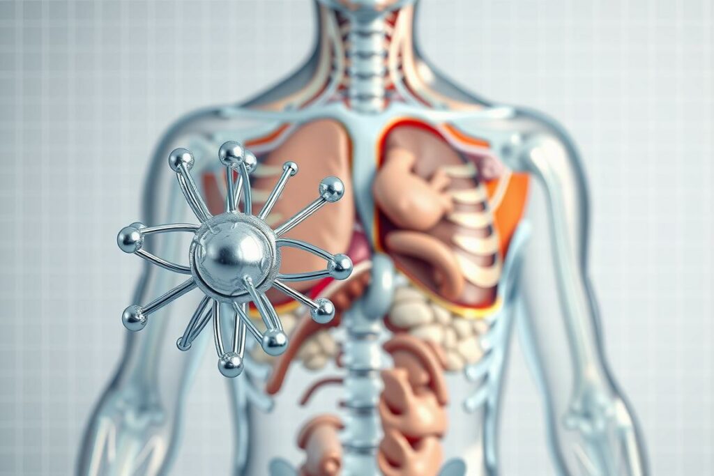 A detailed cross-section illustration of the human body, showcasing the intricate role of magnesium. In the foreground, a vibrant 3D model of a magnesium atom, its metallic structure shimmering under crisp studio lighting. The midground depicts various organs and tissues, rendered in realistic anatomical detail, highlighting the key areas where magnesium plays a vital physiological function. The background features a subtle grid-like pattern, lending a scientific, informative atmosphere. The overall composition conveys the importance of magnesium in the delicate balance of the human body, inviting the viewer to explore its essential role.