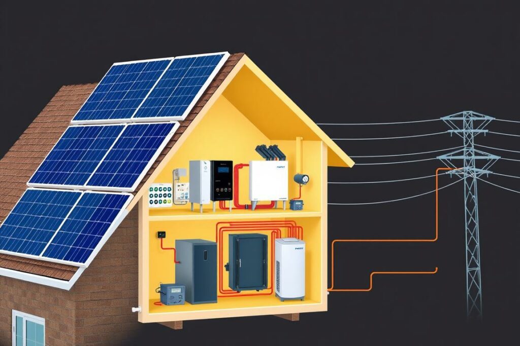 A detailed cutaway diagram of a residential solar power system, showcasing its key components and inner workings. The foreground depicts the solar panels on the roof, angled to capture sunlight. The middle ground reveals the inverter, charge controller, and battery storage system housed within the home's exterior. The background shows the connection to the electrical grid, illustrating the two-way flow of energy. Rendered in a precise, technical style with vivid colors and precise linework to highlight the intricate mechanisms. Evokes a sense of clean, renewable energy and sustainable living.