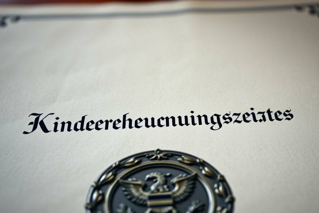 A detailed, finely-crafted document, a legal decree surrounded by a formal, stately atmosphere. In the foreground, a meticulously rendered government seal or emblem, exuding a sense of authority and legitimacy. The middle ground features the title "Kinderberücksichtigungszeiten" in an elegant, ornate typeface, conveyed with a sense of gravity and importance. The background depicts a richly textured parchment or vellum surface, with subtle lighting and shading to create depth and dimensionality. The overall composition strikes a balance between the solemnity of the subject matter and a visually compelling, artistically rendered aesthetic.
