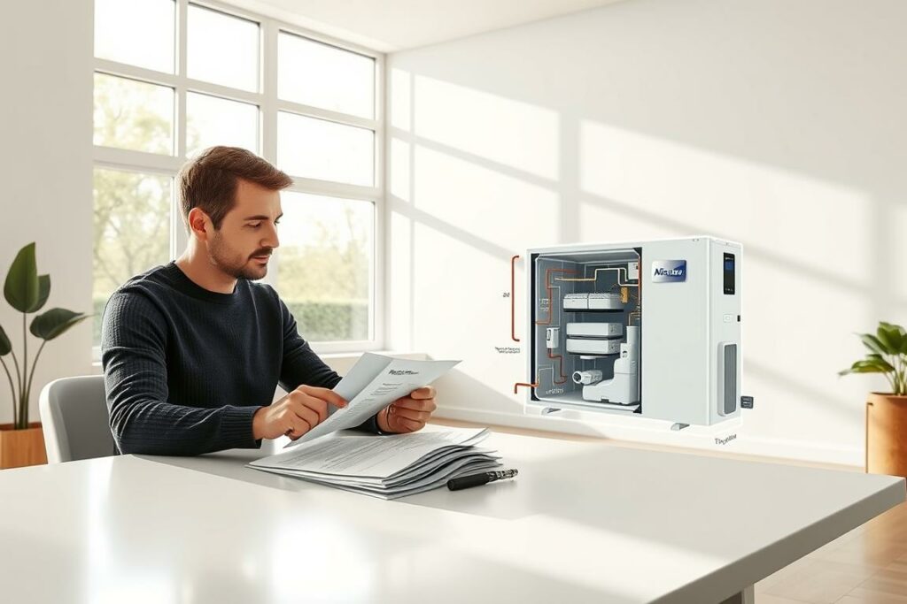 A detailed illustration of a "Wärmepumpentarif" selection process. The scene depicts a well-lit, modern home interior with large windows allowing natural light to flood the space. In the foreground, a person is carefully examining energy bills and tariff documents on a sleek, minimalist table. In the middle ground, a cutaway diagram of a heat pump system is prominently displayed, illustrating its components and functionality. The background features a clean, uncluttered wall with a subtle, elegant pattern, creating a sense of sophistication and professionalism. The overall mood is one of thoughtful consideration, highlighting the importance of selecting the right heat pump tariff for maximum energy savings.