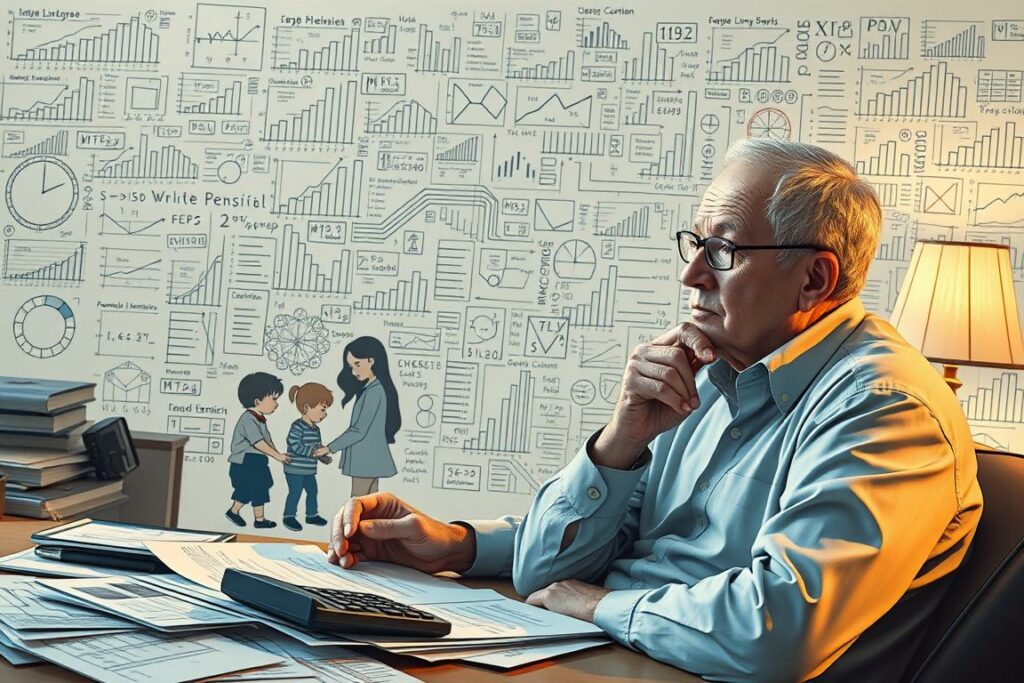 A detailed illustration of the impact of child-rearing years on pension entitlements. In the foreground, a thoughtful retiree surrounded by financial documents and a calculator, contemplating their retirement benefits. In the middle ground, a family with young children, representing the time spent caring for them. In the background, a complex network of charts, graphs, and formulae, visualizing the intricate pension system. The scene is bathed in a warm, subdued lighting, conveying the seriousness and importance of the subject matter. Rendered in a realistic, detailed style with a focus on accurately depicting the relevant elements.