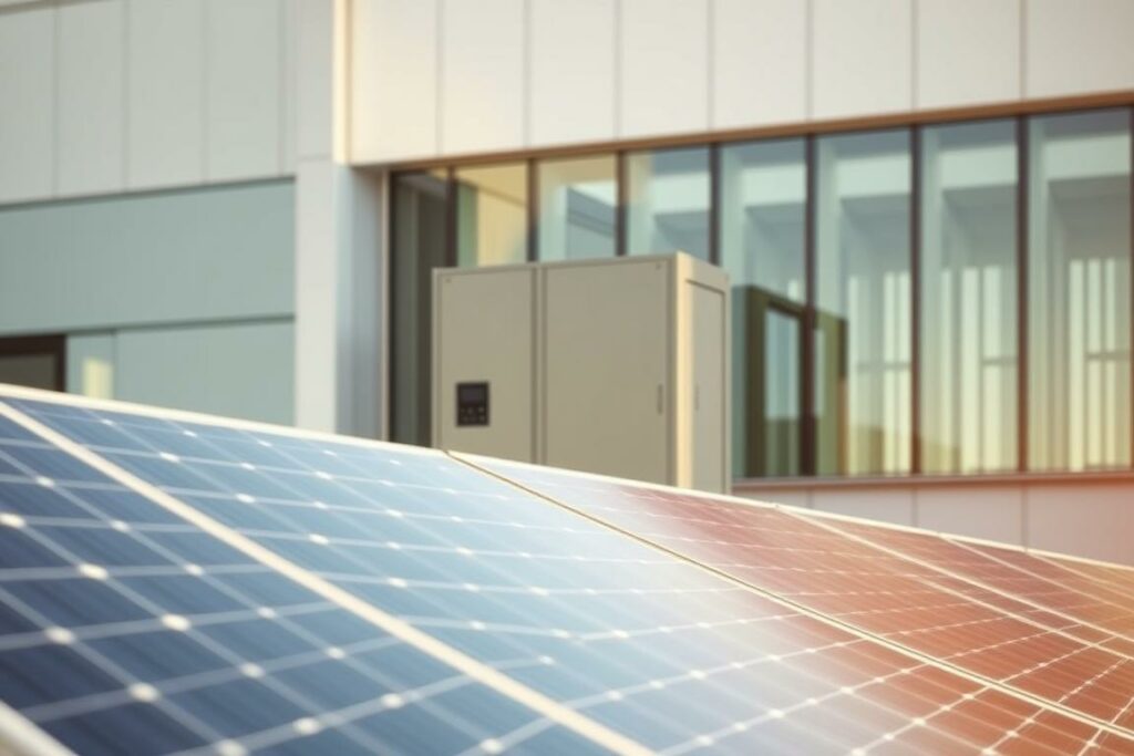A detailed solar energy system with battery storage, set against a clean, modern architectural backdrop. The solar panels stand prominently in the foreground, their sleek, uniform design reflecting the sunlight. In the middle ground, a state-of-the-art battery storage unit blends seamlessly into the building's exterior. The background features a minimalist, glass-and-steel structure, conveying a sense of efficiency and technological innovation. Warm, diffused lighting illuminates the scene, creating a sense of balance and harmony between the renewable energy components and the built environment. The overall composition suggests a cost-effective, sustainable energy solution integrated seamlessly into a contemporary, energy-conscious design.