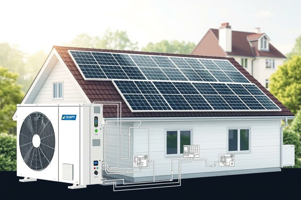 A detailed technical illustration of a residential heat pump system integrated with a solar photovoltaic array, rendered in a clean, technical style. The foreground depicts the heat pump unit and associated components, with crisp lines and accurate schematic details. The middle ground showcases the solar panels mounted on the roof, capturing the geometric patterns and textures of the installation. The background features a serene suburban setting, with soft lighting and muted colors to emphasize the technical focus. The overall mood is one of precision, efficiency, and environmental consciousness, reflecting the planning and installation process for this sustainable home heating solution.