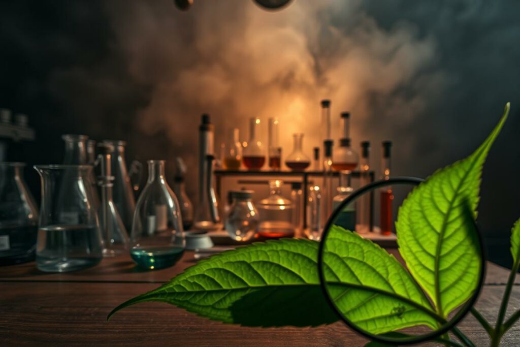 A dimly lit laboratory setting, with an array of beakers, test tubes, and scientific instruments arranged on a wooden table. In the foreground, a magnified view of a leafy green plant, its veins and cellular structures clearly visible, hinting at the potential hidden benefits and risks within. The background is shrouded in a hazy, atmospheric glow, suggesting the complexities and uncertainties surrounding the subject matter. The lighting is dramatic, casting long shadows and highlighting the intricate details of the scientific equipment. The overall mood is one of scientific inquiry and cautious exploration, reflecting the theme of "Nebenwirkungen und Vorsichtsmaßnahmen."