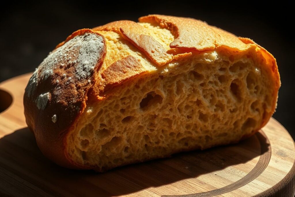 A freshly baked loaf of traditional German "Brot" resting on a rustic wooden board. The crust is golden-brown, with a delicate crackle and a slight sheen. The interior is revealed, showcasing an airy, uniform crumb structure with a soft, slightly chewy texture. Warm, yeasty aromas emanate from the bread, inviting the viewer to imagine its flavor. Dramatic, directional lighting casts long shadows, accentuating the organic, handcrafted appearance of the loaf. The overall scene exudes a sense of artisanal craftsmanship and the comforting, homely atmosphere of a well-stocked bakery.