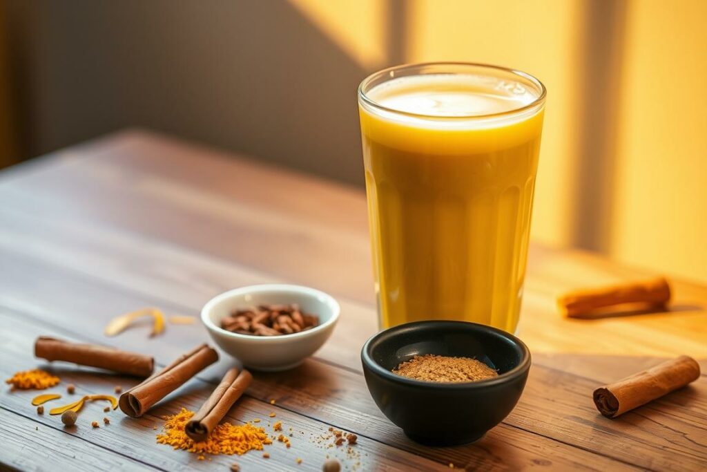A glass filled with a vibrant golden-colored beverage, resting on a wooden table. The drink is Pflanzenmilch Goldene Milch, a plant-based turmeric latte infused with ginger, cinnamon, and other aromatic spices. Warm lighting casts a cozy glow, highlighting the creamy texture and enticing hues of the drink. Scattered around the glass are small bowls containing various garnishes, such as freshly grated turmeric, cinnamon sticks, and a sprinkle of ground cardamom, inviting the viewer to customize and experiment with the presentation. The overall scene evokes a sense of comfort, indulgence, and creative possibilities in the preparation and serving of this vibrant, nourishing beverage.
