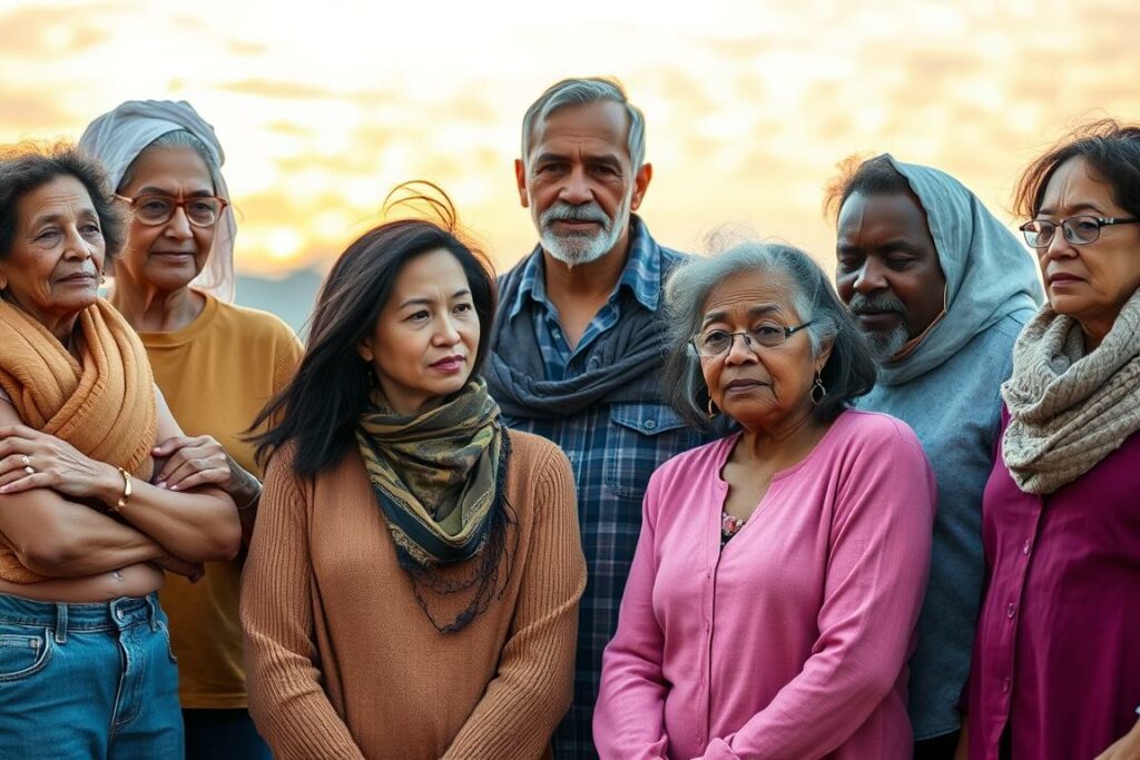 A group of diverse individuals representing different age groups, genders, and health conditions, standing together in a thoughtful, contemplative pose. Warm, natural lighting illuminates their faces, conveying a sense of empathy and understanding. The background is a serene, blurred landscape, allowing the viewer to focus on the subjects. The overall mood is one of compassion and awareness, reflecting the vulnerable populations at risk of magnesium overdose.