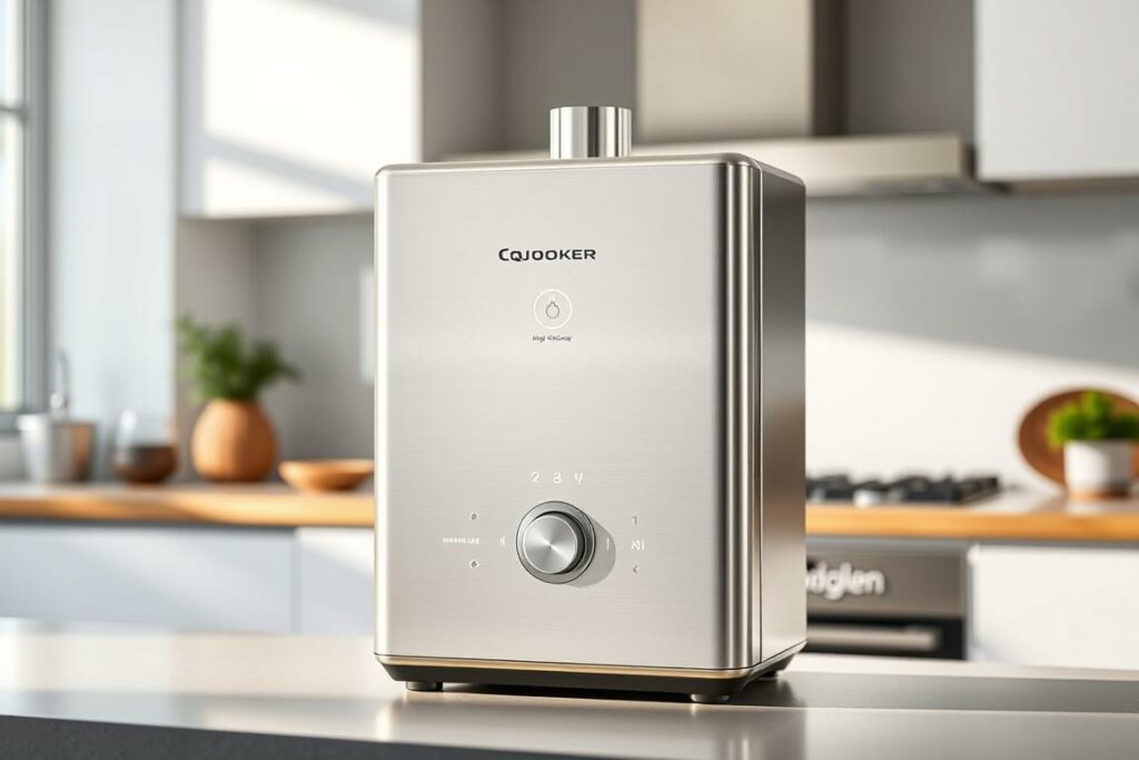 A high-efficiency Quooker boiler, gleaming with a brushed stainless steel finish, positioned against a bright, minimalist kitchen backdrop. Crisp, natural lighting illuminates the device, highlighting its sleek, modern design and precise controls. The boiler's intuitive interface and compact form suggest effortless convenience and energy-saving functionality, perfectly suited for the "Vorteile eines Quookers" section. The overall scene conveys a sense of streamlined sophistication, showcasing the Quooker's ability to seamlessly integrate into a well-designed, sustainable kitchen environment.