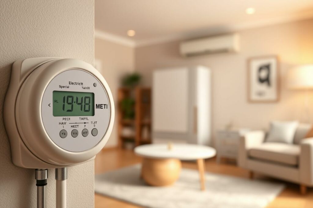 A high-resolution, photorealistic image of a home electricity meter and a heat pump system, showcasing the integration of a specialized heat pump electricity tariff. The foreground features the electricity meter with a prominent digital display, highlighting the special tariff rates. The middle ground depicts a sleek, modern heat pump unit, emphasizing its efficient and eco-friendly design. The background showcases a cozy, well-lit interior of a residential living space, suggesting the integration of the heat pump system into a comfortable home environment. The lighting is natural and warm, creating a welcoming atmosphere. The composition is balanced, with the meter and heat pump occupying the central focus, conveying the core concept of the specialized tariff and its benefits for heat pump users.