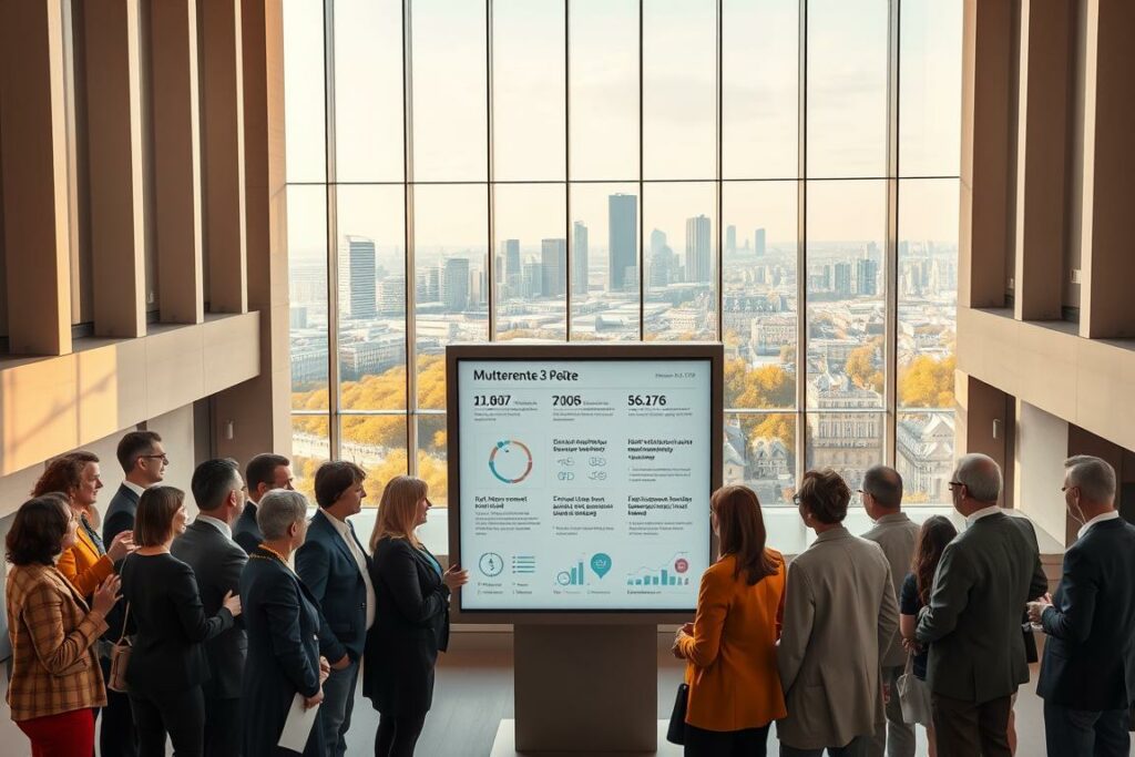 A high-resolution, photorealistic image of the German government's "Mütterrente 3 Punkte für alle" policy proposal. The scene depicts a modern government building with a clean, minimalist design, bathed in warm, natural lighting. In the foreground, a group of diverse, well-dressed citizens stand together, gesturing animatedly as they discuss the proposed policy changes. In the middle ground, an information kiosk displays infographics and statistics detailing the key points of the "Mütterrente 3 Punkte" initiative. The background features a bustling city skyline, suggesting the nationwide impact of this important social policy update. The overall mood is one of optimism, civic engagement, and a sense of progress towards a more equitable society.