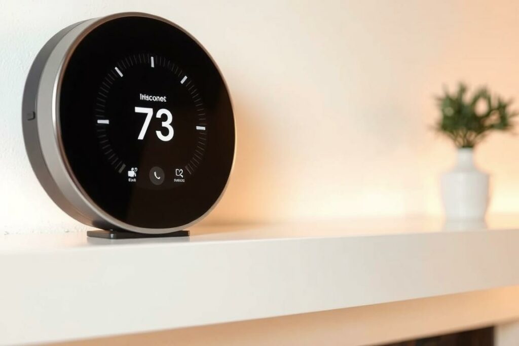 A high-tech smart thermostat, its sleek glass display showcasing an intuitive interface. The device sits atop a modern, minimalist white mantel, surrounded by warm ambient lighting. The camera captures the thermostat at a slight angle, highlighting its clean lines and elegant design. The overall scene evokes a sense of sophistication and technological advancement, perfectly suiting the "Beliebte Smart Home Geräte" section of the article.