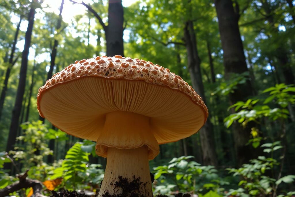 A large, fleshy Steinpilz mushroom, its distinctive cap mottled with earthy hues of brown and ochre, sits prominently in the foreground. The stem is thick and sturdy, supporting the weighty cap. Diffused natural light filters through the forest canopy, casting a warm, golden glow on the mushroom's surface, accentuating its textured appearance. The background is a dense, verdant woodland, with towering trees and lush foliage in shades of green, creating a sense of depth and immersion. The overall scene conveys the mushroom's natural habitat, highlighting its role as a key component of the forest ecosystem.