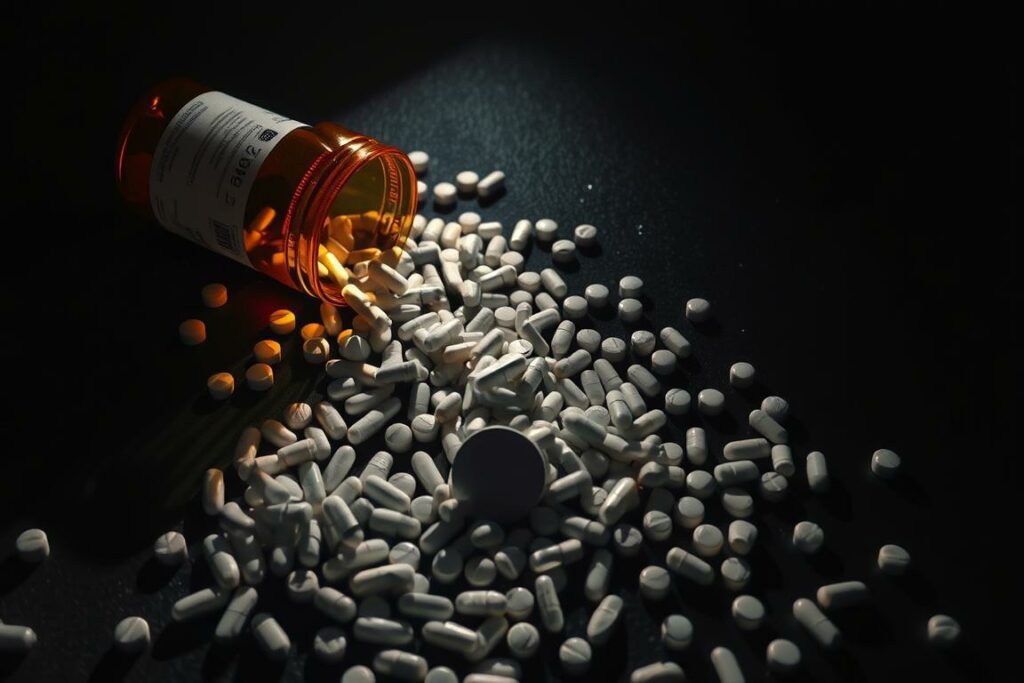 A large, open pill bottle spilling an alarming amount of medication onto a dark, cluttered surface. The scattered pills appear in varying shades of gray and white, casting long shadows across the scene. The lighting is dramatic, with a single spotlight illuminating the chaotic mess, creating a sense of urgency and danger. The composition emphasizes the overwhelming and potentially fatal nature of an overdose, conveying the risks of excessive magnesium consumption. The overall atmosphere is somber, unsettling, and serves as a stark visual warning.