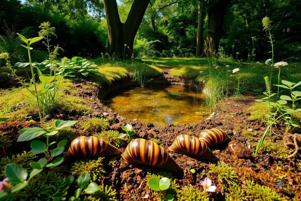 A lush, verdant garden ecosystem showcasing the natural habitat of the Tigerschnegel (tiger slug). In the foreground, the slow-moving mollusks glide across the moist soil, their distinctive striped shells catching the warm, filtered sunlight. Surrounding them, a diverse array of native plants and ground cover create a thriving micro-environment, with ferns, mosses, and delicate wildflowers adding texture and depth. In the middle ground, a small pond reflects the scene, its gently rippling surface mirroring the tranquil atmosphere. Towering trees in the background provide a canopy, casting soft, dappled shadows and imbuing the scene with a sense of peaceful coexistence. An overall natural, serene mood evokes the integral role these unique slugs play within the balanced, self-sustaining Tigerschnegel ecosystem.