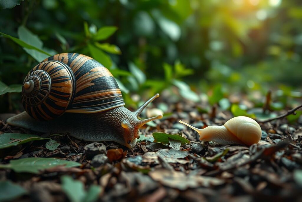 A lush, verdant garden scene where two distinct creatures engage in a fascinating encounter. In the foreground, a massive, ornate tiger snail, its intricate shell gleaming, slowly slithers across the leaf-strewn ground. Nearby, a delicate, ivory-colored slug cautiously navigates the terrain, unaware of the predator's presence. Soft, diffused lighting filters through the canopy of verdant foliage, casting a warm, natural glow on the scene. The composition is balanced, with the snail and slug occupying the middle ground, while the background blurs into a dreamlike tapestry of vibrant greens and organic textures. An atmosphere of tranquility and subtle wonder pervades the image, inviting the viewer to ponder the hidden relationships within this microcosm of the natural world.