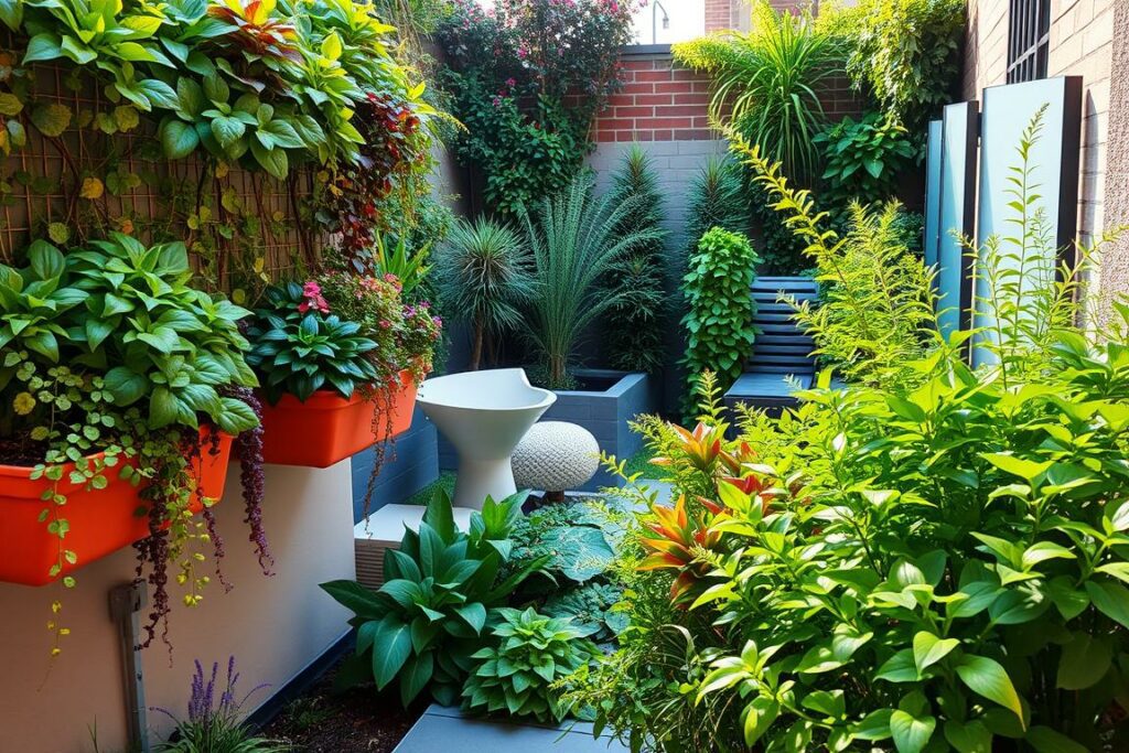 A lush, vertical garden adorning a small, well-designed backyard. The foreground features an assortment of vibrant, cascading plants spilling over the edges of elevated planters, creating a verdant, three-dimensional living wall. The middle ground showcases a harmonious blend of diverse foliage, from trailing vines to tall, stately shrubs, arranged in a visually appealing manner. In the background, a modern, minimalist seating area and sleek water feature provide a serene, relaxing atmosphere. Warm, natural lighting illuminates the scene, casting gentle shadows and highlighting the textures and colors of the carefully curated plants. The overall composition conveys a sense of tranquility, beauty, and the harmonious integration of nature into a small, urban garden setting.