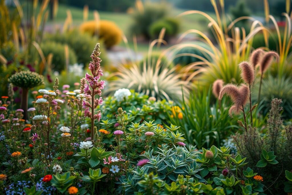 A lush, vibrant garden in a cozy, intimate setting. The foreground showcases a carefully curated selection of small, diverse plants in a naturalistic arrangement, including delicate flowering perennials, low-growing groundcovers, and textural foliage plants. The middle ground features a mix of larger, but still compact, shrubs and ornamental grasses that provide depth and structure. The background subtly blends into a soft, out-of-focus landscape, hinting at the wider context of the small garden. Warm, diffused lighting casts a gentle glow, creating a serene and inviting atmosphere. The overall composition emphasizes the harmonious integration of thoughtfully chosen plants within a limited space, showcasing the potential of careful Pflanzenwahl for small garden design.