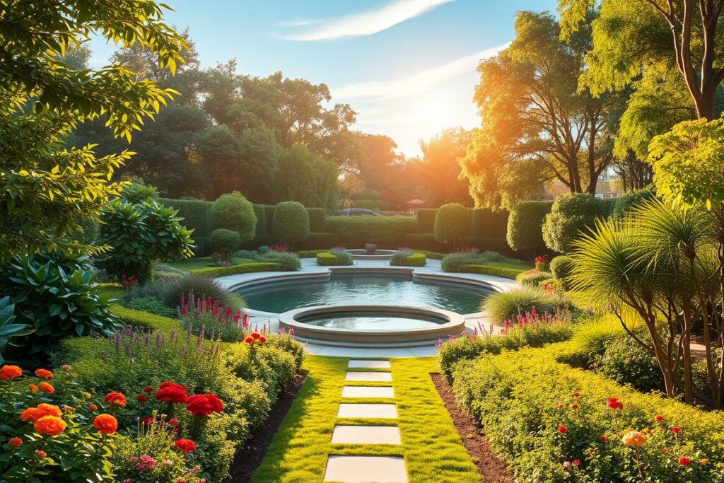 A lush, vibrant garden oasis with a stunning transformation. In the foreground, a captivating landscape showcases a harmonious blend of verdant foliage, colorful blooms, and neatly manicured pathways. The middle ground features a serene water feature, its gentle ripples reflecting the azure sky above. Framing the scene, mature trees and shrubs create a sense of depth and seclusion, evoking a peaceful, private ambiance. Warm, golden sunlight filters through the canopy, casting a soft, inviting glow over the entire composition. The overall atmosphere radiates a sense of tranquility and rejuvenation, perfectly capturing the essence of a newly reimagined garden vision.