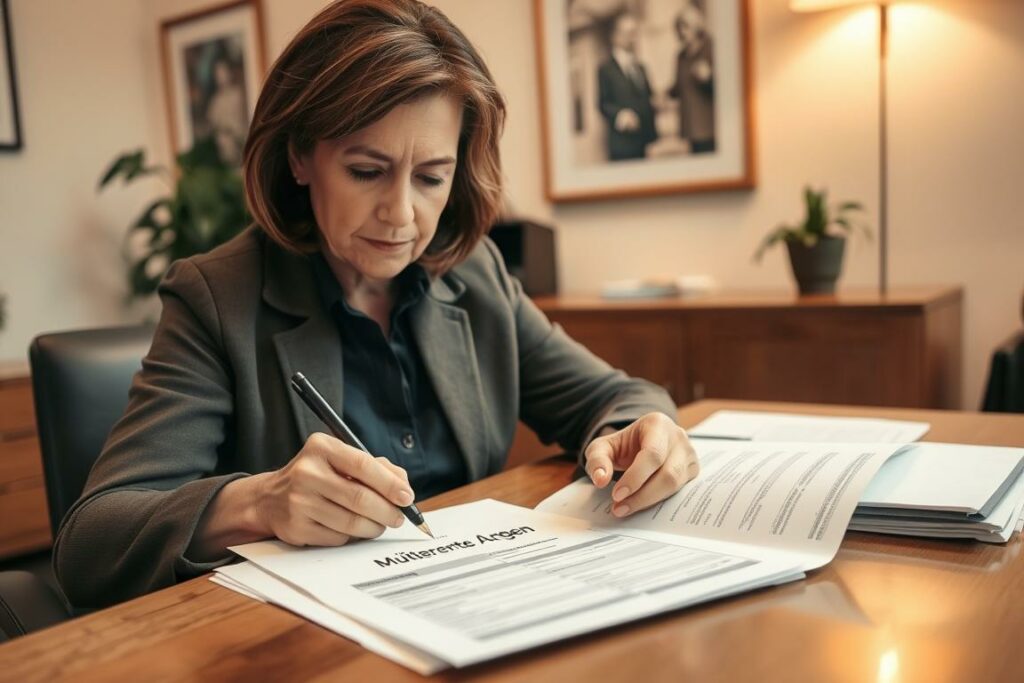A middle-aged woman sitting at a desk, concentrating intently on filling out a government form labeled "Mütterrente Antrag" (Mother's Pension Application). The office setting is warmly lit, with a potted plant and framed artwork on the walls, conveying a sense of professionalism and care. The woman's expression is one of determination, reflecting the importance of this application process. Soft shadows accentuate the details of her focused gaze and the delicate movements of her pen as she navigates the bureaucratic paperwork. The overall atmosphere is one of diligence and attention to detail, capturing the essence of the "Beantragung der Mütterrente" (Application for Mother's Pension) process.