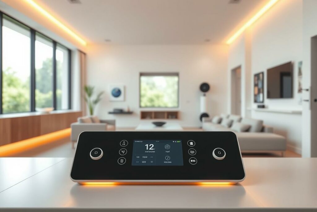 A modern, minimalist interior showcasing the essence of a smart home. In the foreground, a sleek, minimalist control panel with intuitive touchscreen controls, surrounded by warm ambient lighting. In the middle ground, various smart home devices seamlessly integrated into the clean, open-concept layout - a voice-activated virtual assistant, a smart thermostat, and automated window shades. The background features expansive windows allowing natural light to flood the space, with a subtle hint of a lush, verdant outdoor landscape beyond. The overall atmosphere conveys a sense of technological sophistication, comfort, and harmony, embodying the vision of a "Was ist ein Smart Home".
