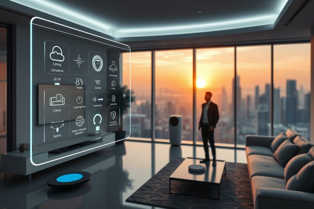A modern, minimalist smart home interior with sleek, cutting-edge technology seamlessly integrated throughout. In the foreground, a floating holographic display controls various home functions like lighting, climate, and security. In the middle ground, a stylish, voice-activated personal assistant stands ready to assist. The background features floor-to-ceiling windows overlooking a futuristic cityscape, bathed in a warm, amber glow from the setting sun. The overall mood is one of effortless sophistication and innovation, showcasing the remarkable advancements of the smart home of the future.